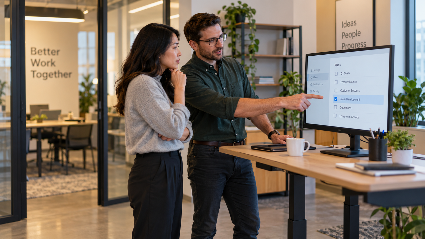 Two colleagues at a standing desk checking a plan list on screen, the first prep step for copilot for self-evaluations