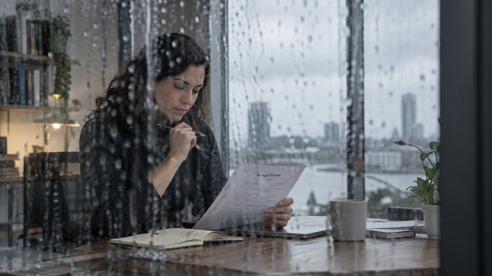 Reviewing a printed annual review page by a rain-streaked window, the verification pass in copilot for self-evaluations