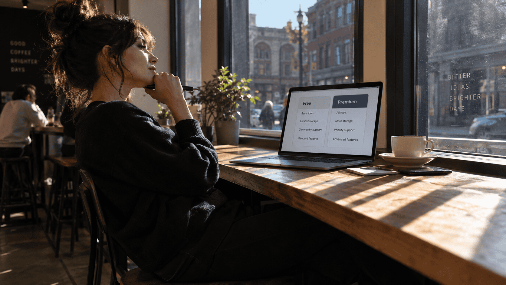 Person at a cafe counter weighing free versus premium plans on a laptop, the decision at the end of this Fathom AI review
