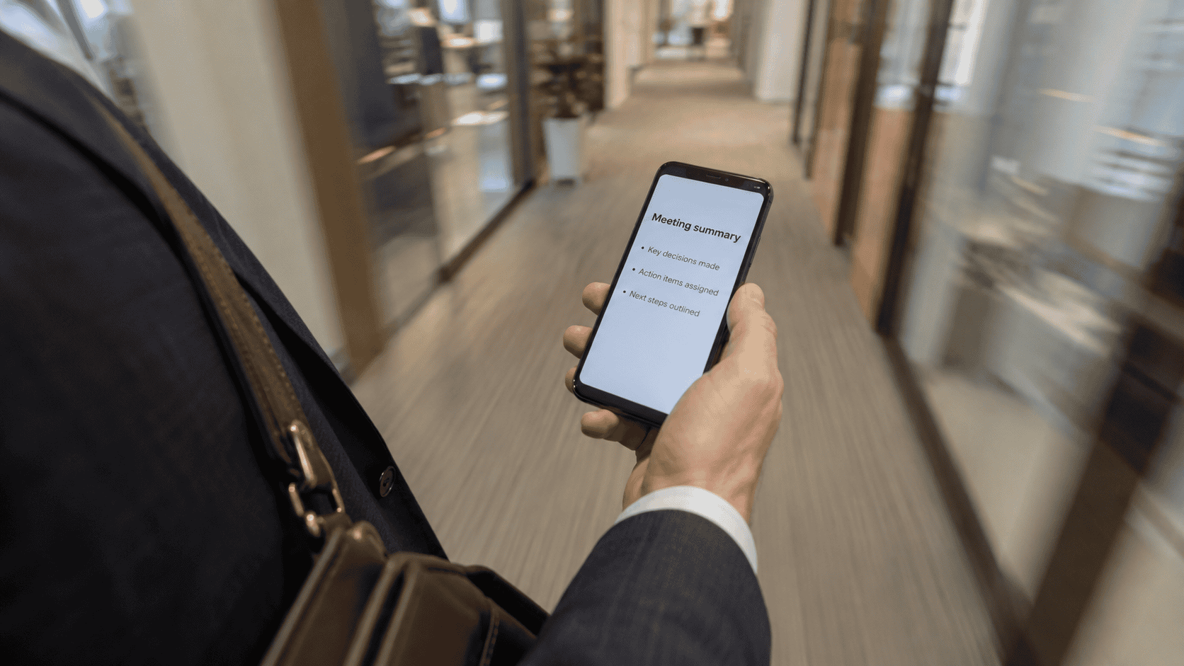 Manager walking a corridor reading a meeting summary on a phone, the recap step covered in this Fathom AI review
