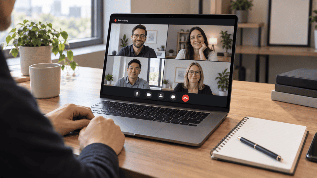 Laptop showing a four-person video call with a recording indicator on, the meeting capture behind otter vs fireflies
