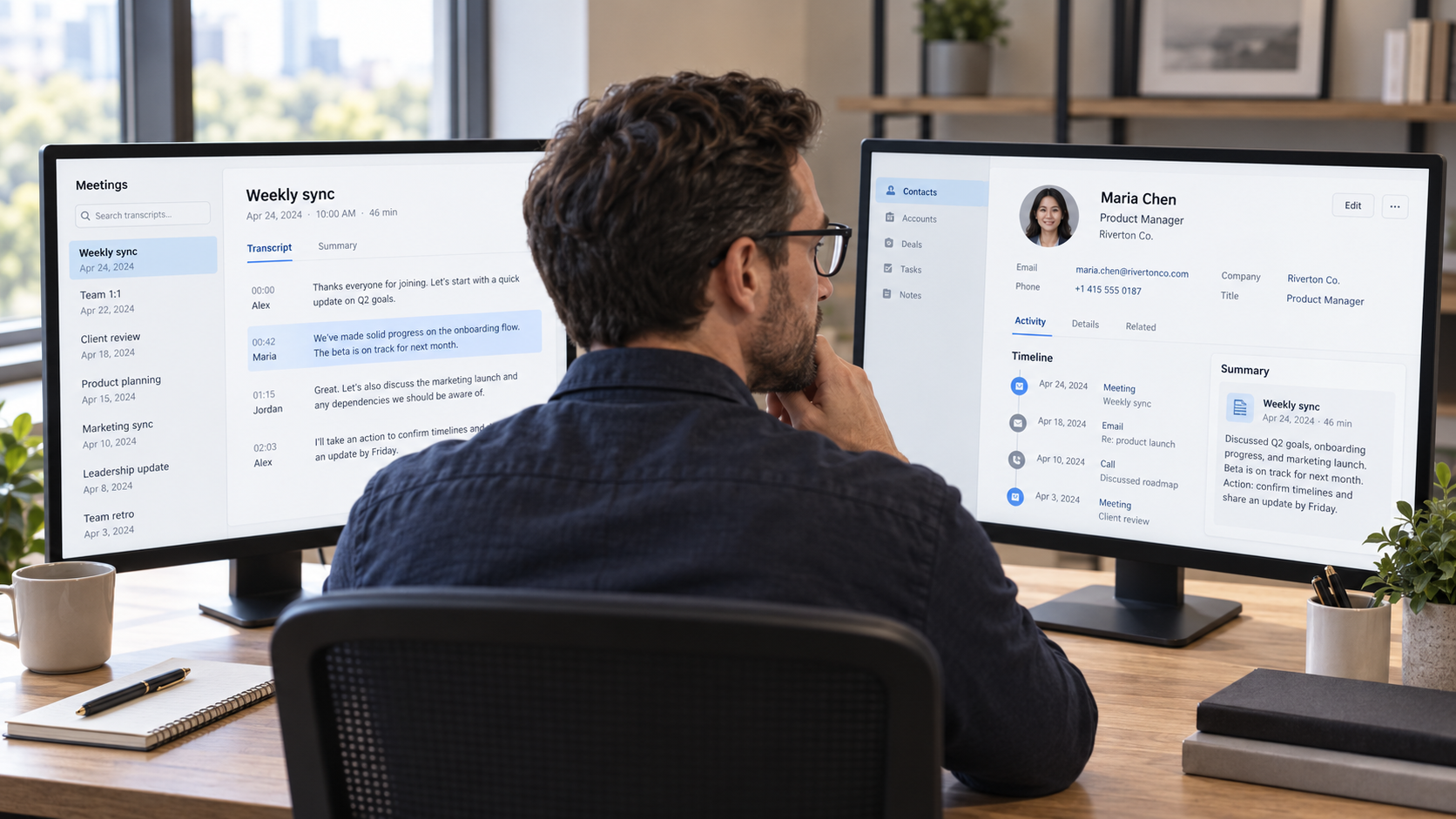 Two monitors showing a searchable transcript archive beside a CRM contact record, the workflow split in otter vs fireflies