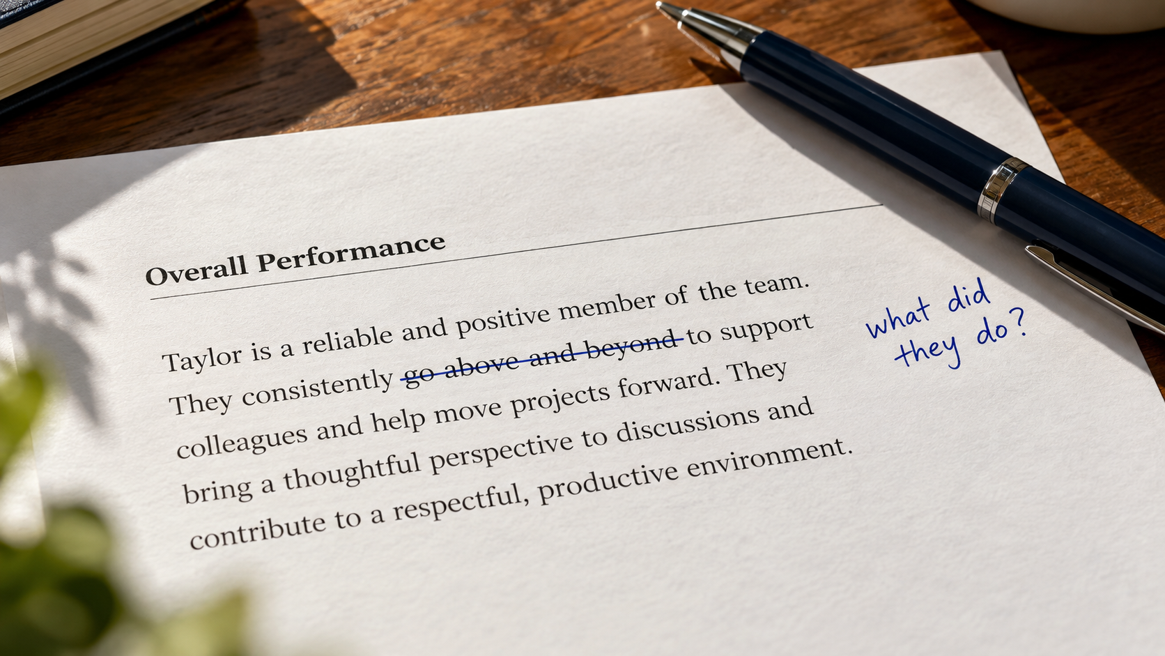 Printed review paragraph with an intensifier struck through and a margin note, editing performance review phrases
