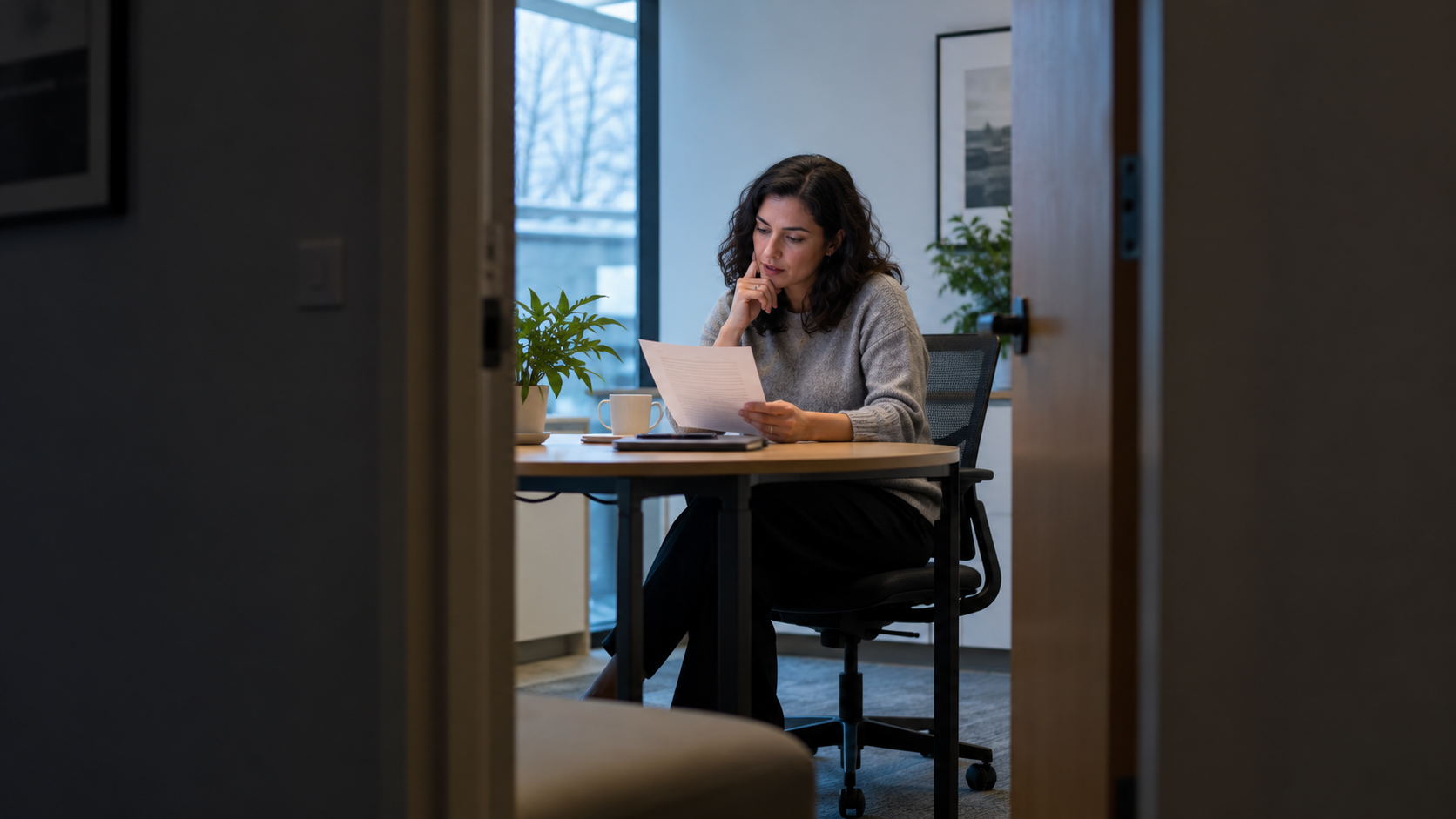 Manager seen through a doorway reading a draft aloud, the last check on performance review phrases
