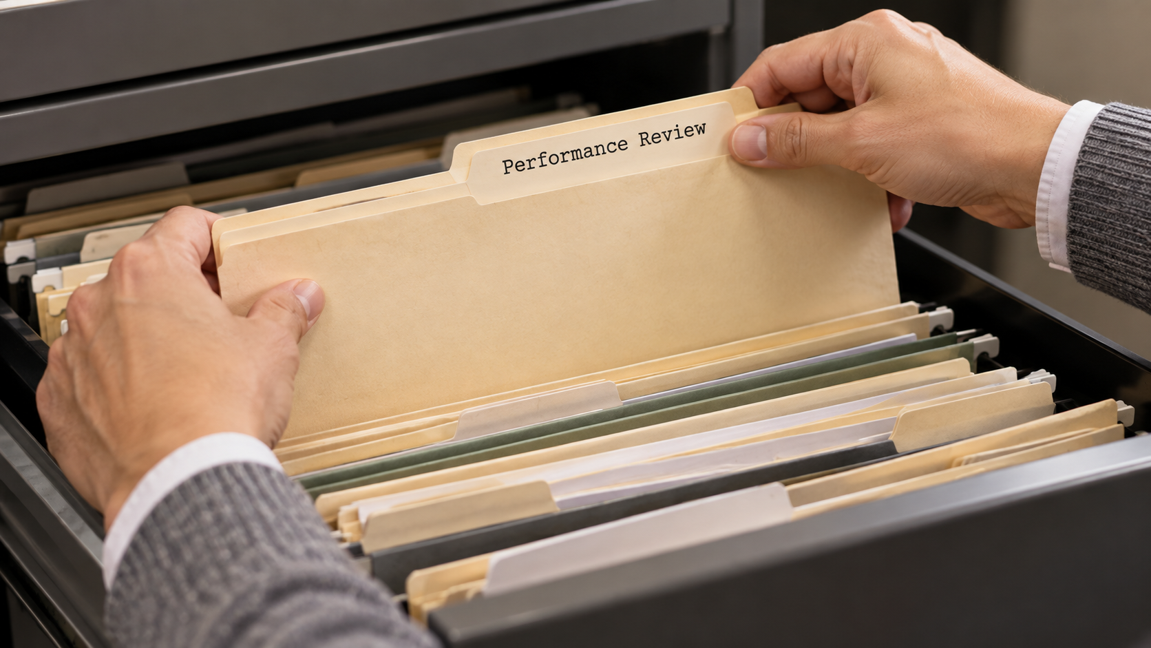 Hands pulling a performance review folder from a file drawer, the evidence bank behind self-evaluation examples