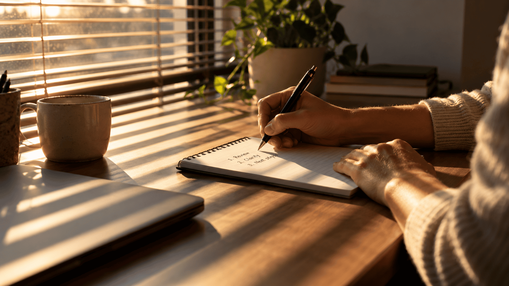 Hands writing a three-step plan in striped window light, the follow-through in how to respond to a performance review