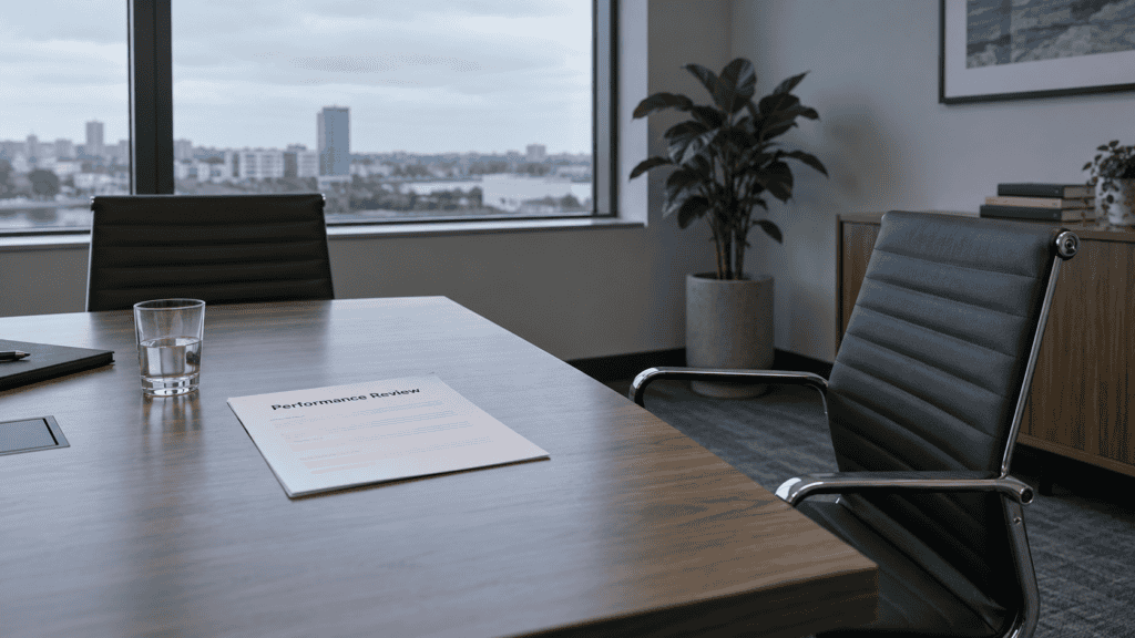 Printed review left on a boardroom table after the meeting, the pause before deciding how to respond to a performance review