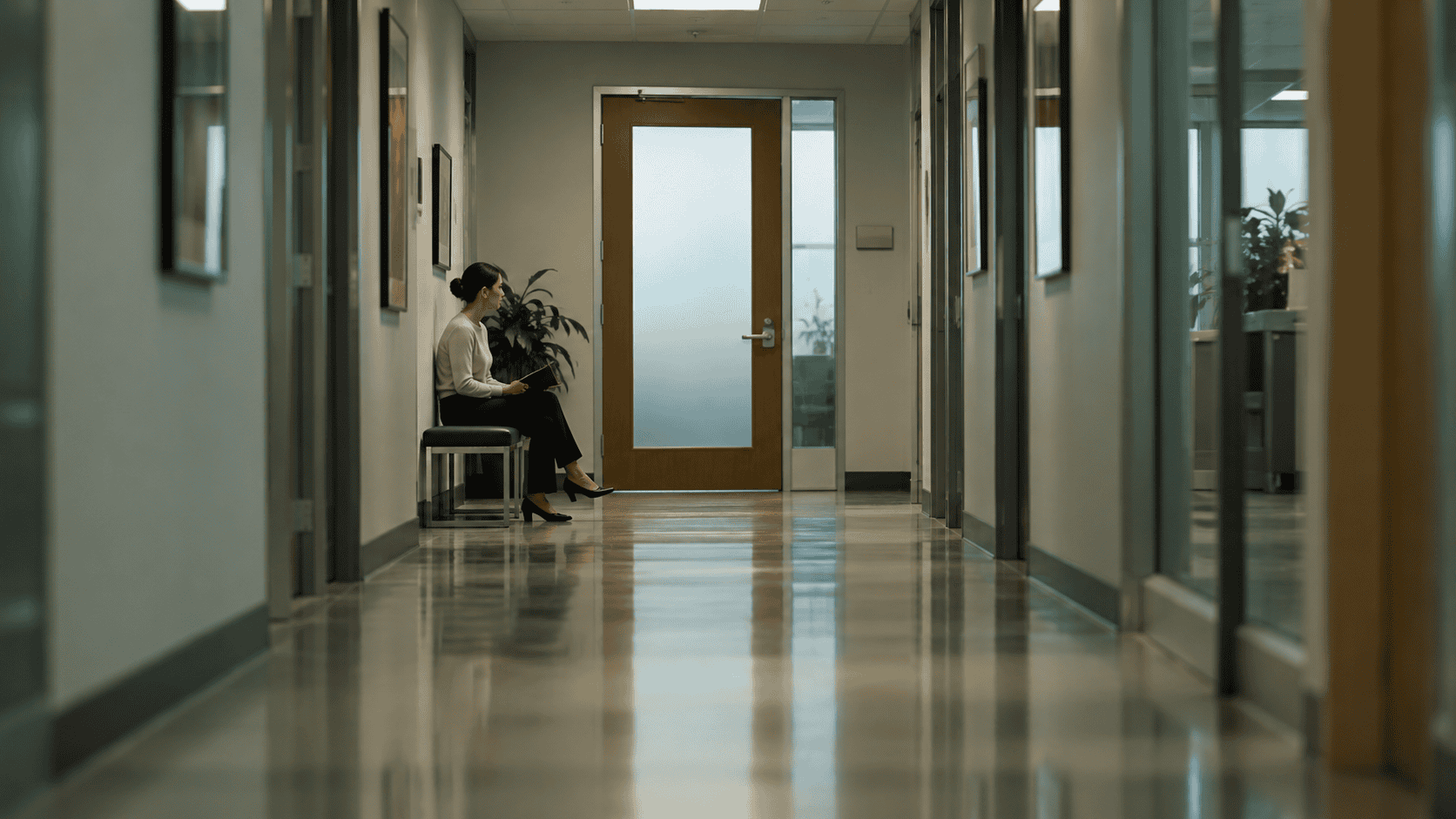 Employee waiting outside a closed office door with a folder, the escalation step in how to respond to a performance review