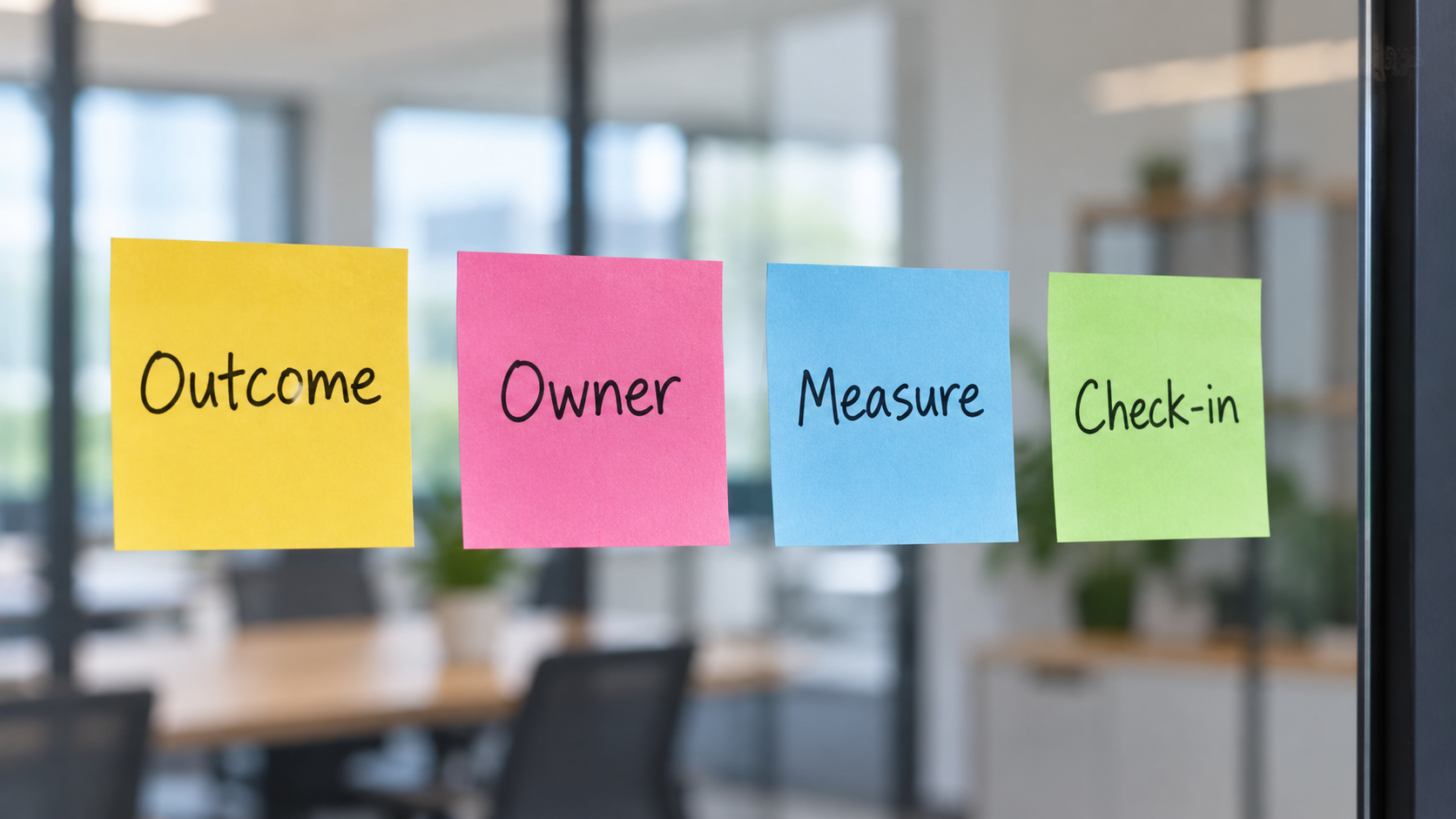 Sticky notes on glass reading outcome, owner, measure and check-in, the format behind performance review goals examples