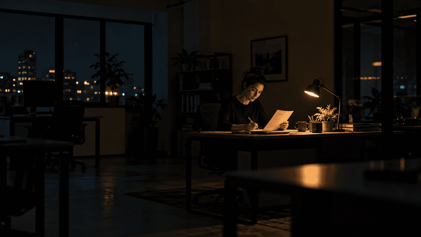 Reviewing a printed goal list under a desk lamp in a dark office, the follow-up performance review goals examples need