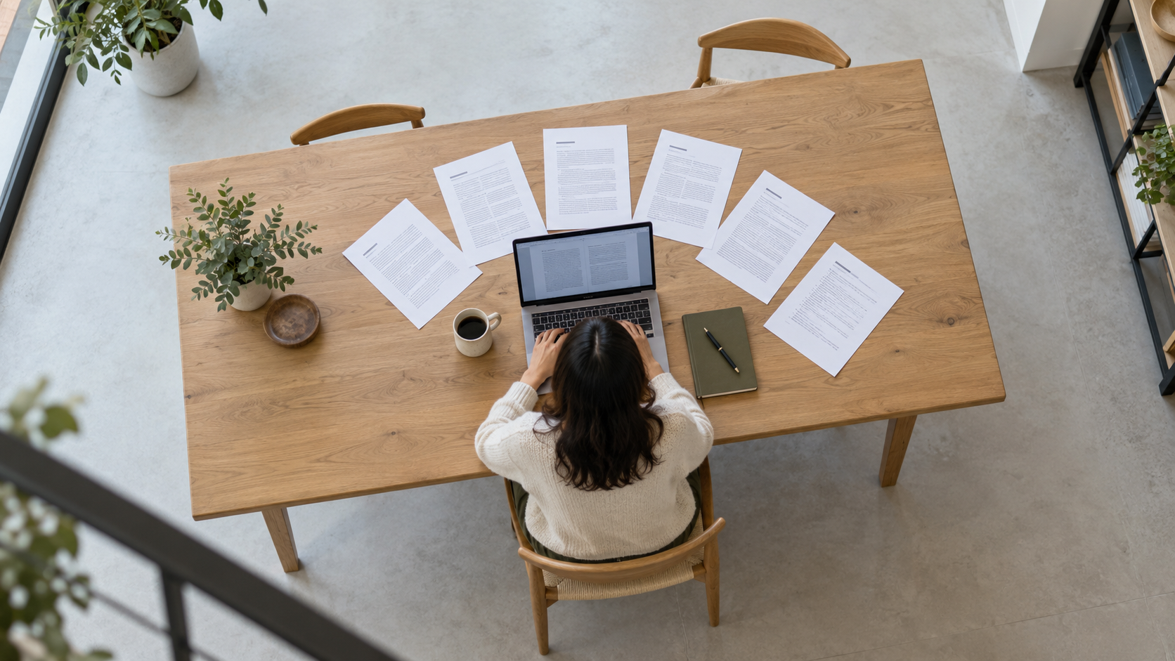 Overhead view of a laptop ringed by printed notes as a manager works out how to write a performance review with AI