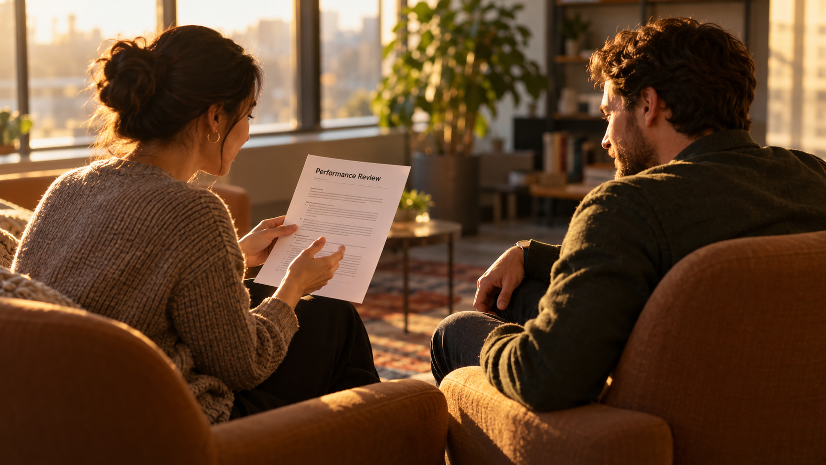 Manager and employee in armchairs discussing a printed review, the conversation step of how to write a performance review